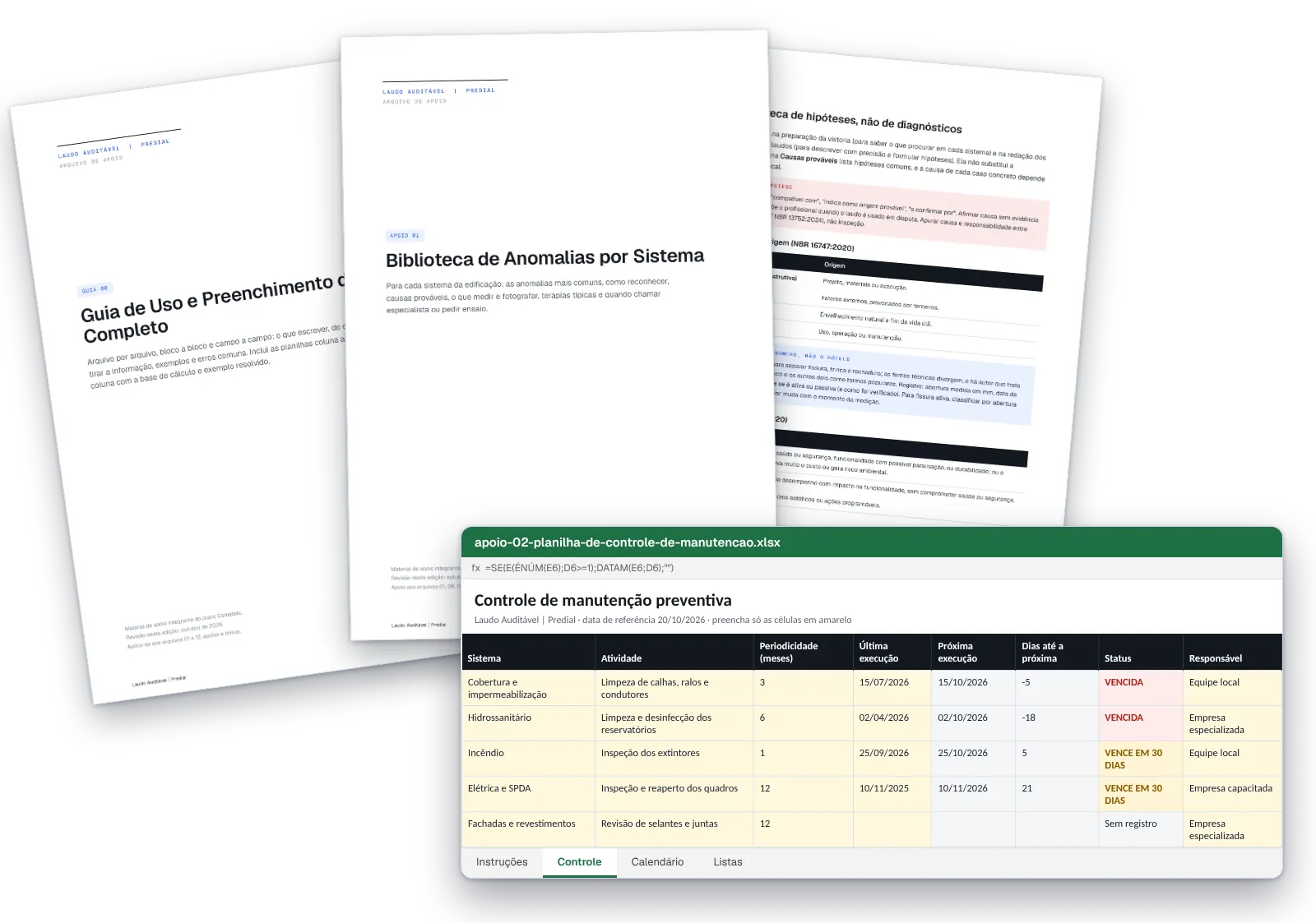 Guia de uso e preenchimento e biblioteca de anomalias por sistema em PDF ao lado da planilha de controle de manutenção