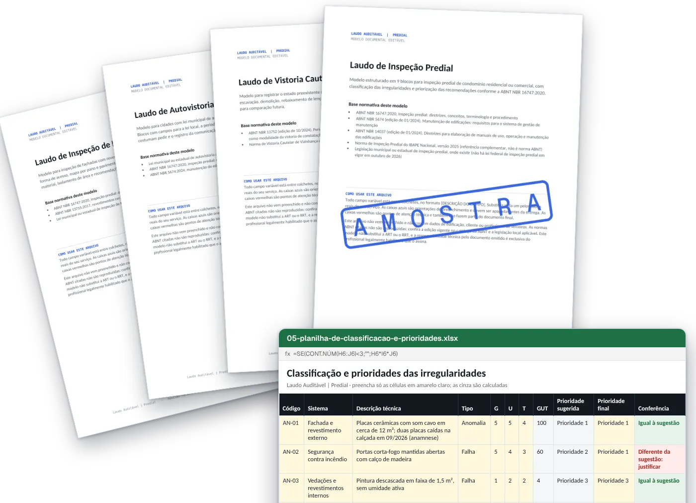 Páginas reais dos laudos de inspeção predial, autovistoria, vistoria cautelar e inspeção de fachada, com a planilha de classificação e prioridades do kit Laudo Auditável | Predial.