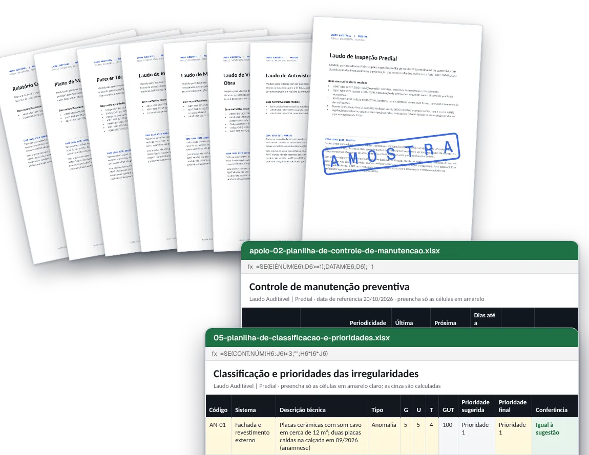 Os laudos especializados, o parecer de vícios construtivos, o plano de manutenção, o relatório executivo e as planilhas do plano Completo.