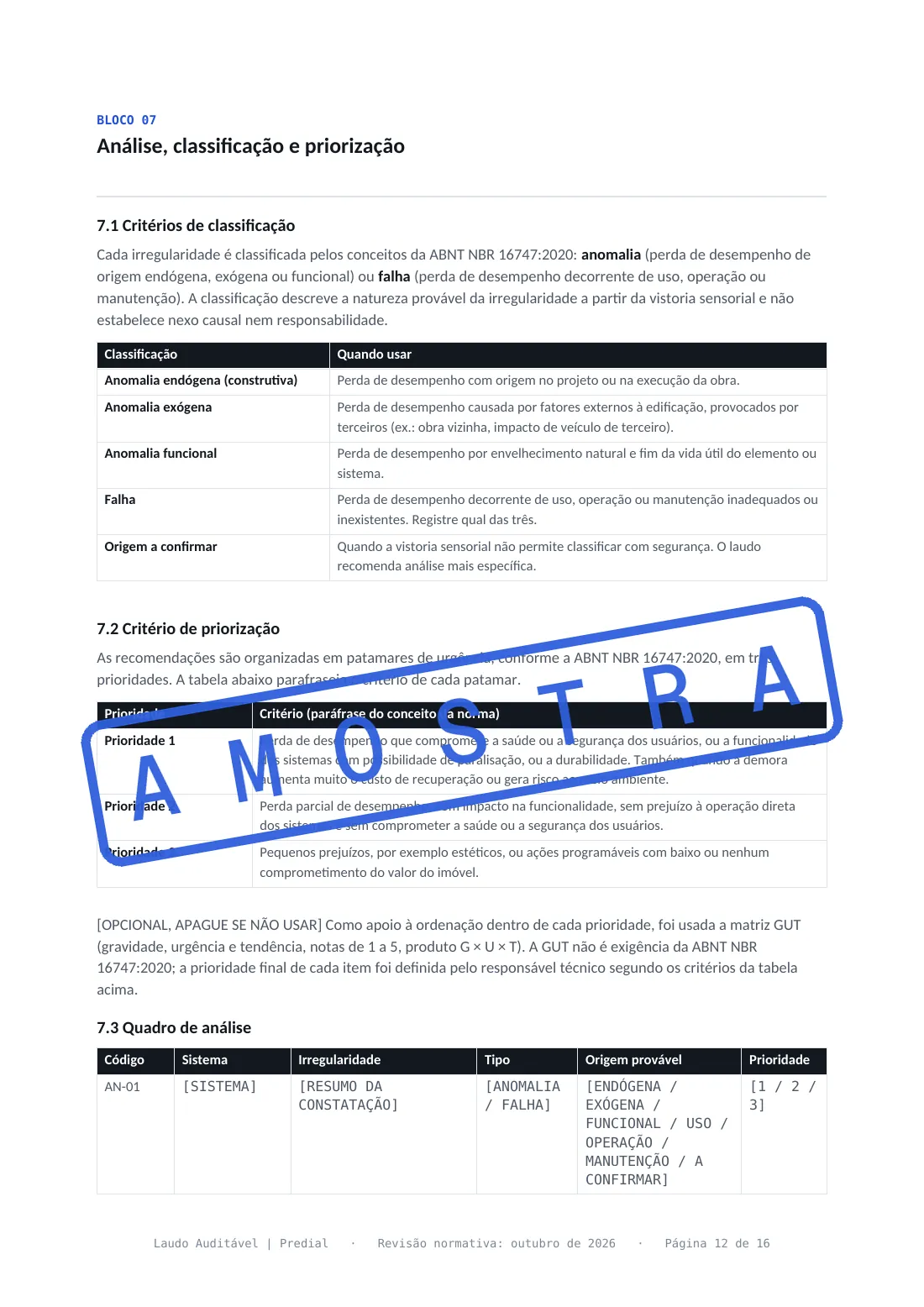 Bloco 07 do laudo de inspeção predial, critérios de classificação por origem e de priorização em prioridades 1, 2 e 3.
