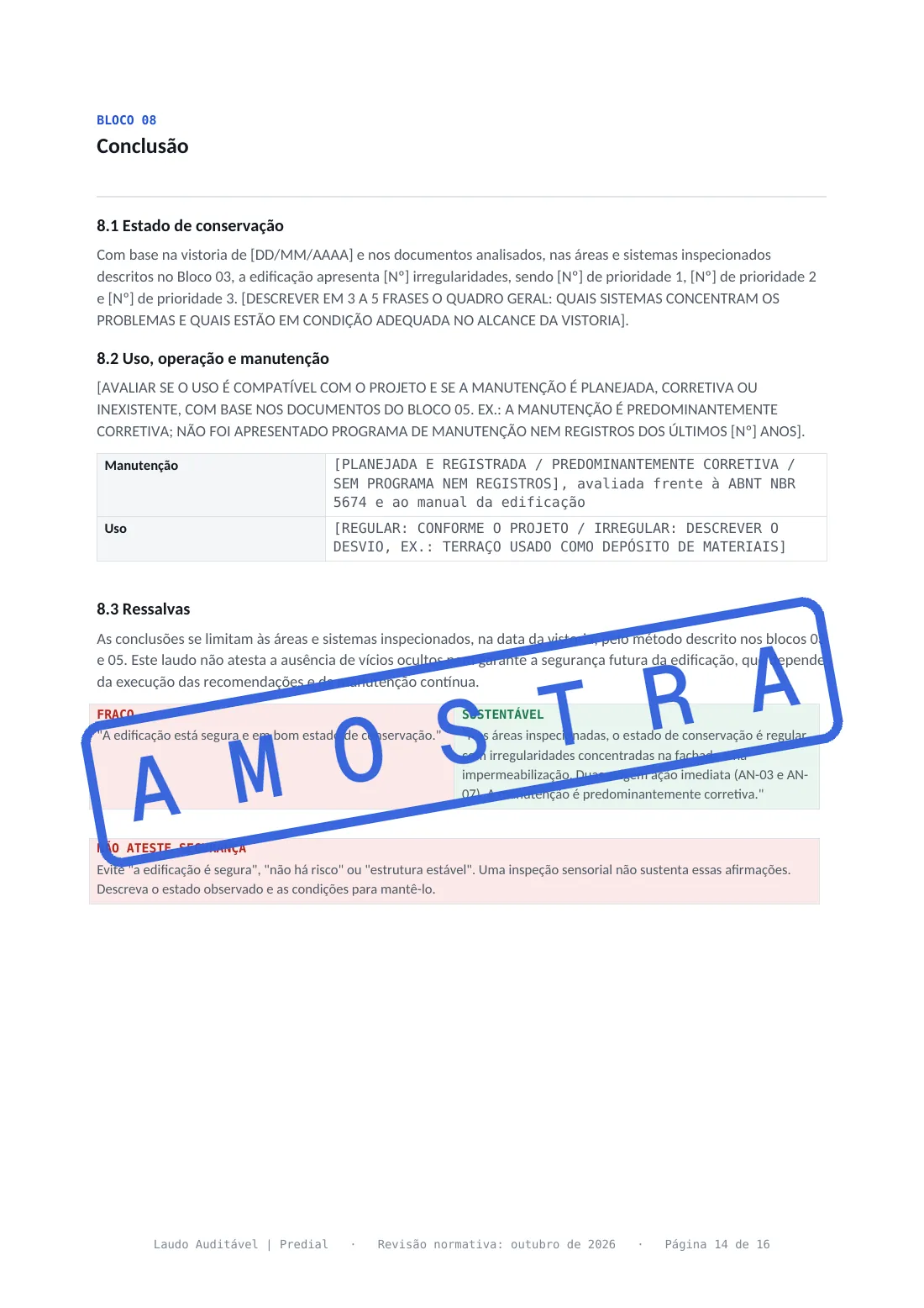 Bloco 08 do laudo de inspeção predial, conclusão com estado de conservação, uso e manutenção e ressalvas.