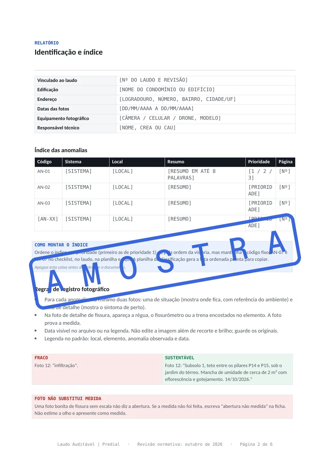 Relatório fotográfico de anomalias, identificação e índice das irregularidades com código, sistema, local e prioridade.